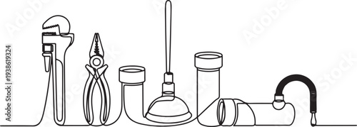 continuous line of plumbing repair supplies.one line drawing of tools for repairing piping. one line art icon drawing vector