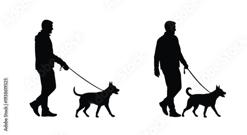 Man walking a dog side view and front view black silhouette