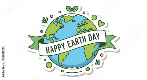 Earth Day illustration with green globe and leaves.