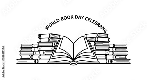 World Book Day Celebration with Stacked Books and Open Book.