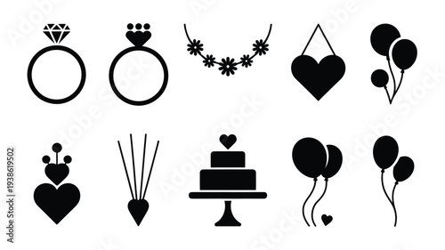 Modern wedding decoration silhouettes with hearts rings cake and balloons on white background for party celebration
