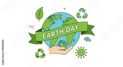 Earth Day illustration with green ribbon and eco-friendly symbols.