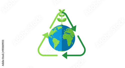 Recycling symbol with Earth and green leaves.
