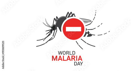World Malaria Day awareness campaign illustration with mosquito and prohibition sign.