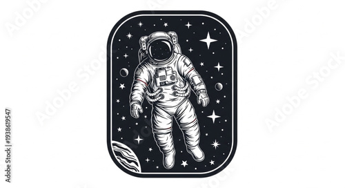 Astronaut floating in outer space among stars and planets.