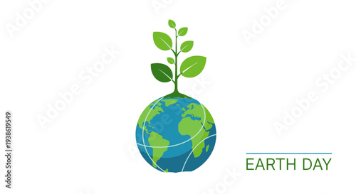 Earth Day illustration with green planet and sprouting leaves symbolizing environmental conservation.
