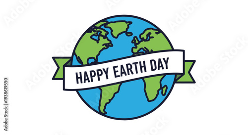 Happy Earth Day illustration with globe and ribbon banner.