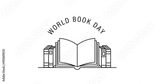 World Book Day illustration with open book and stacked books.