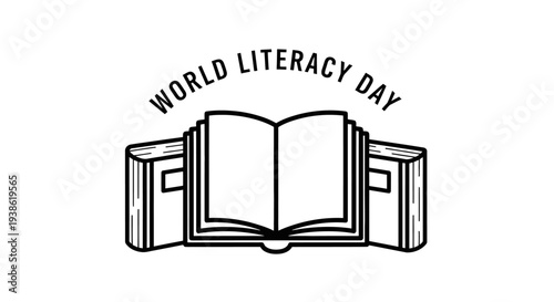 World Literacy Day illustration with open book and text.