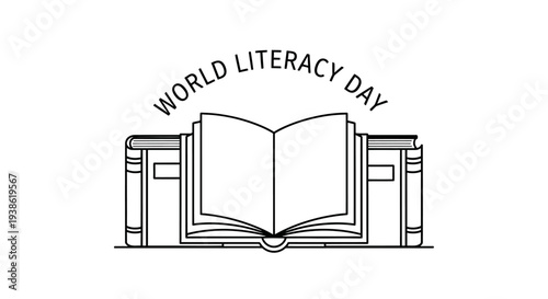 World Literacy Day illustration with open book and text.