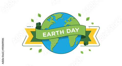 Earth Day illustration with green leaves and globe.