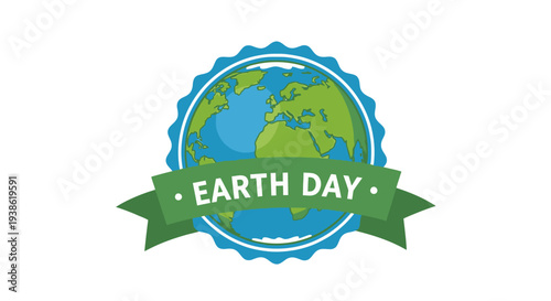 Earth Day logo with green ribbon and blue globe.