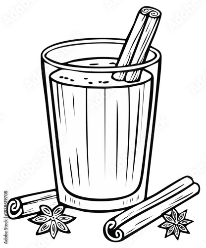 Black and White Illustration of a Glass of Hot Chai Tea with Cinnamon Sticks and Star Anise