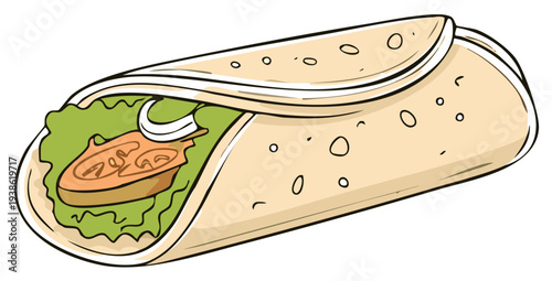 Hand drawn illustration of a fresh tortilla wrap with lettuce tomato and onion