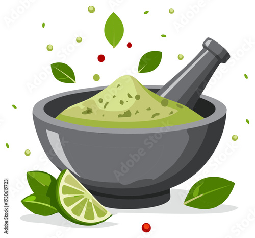 Green herbal paste in stone mortar with pestle and lime slice for health food.