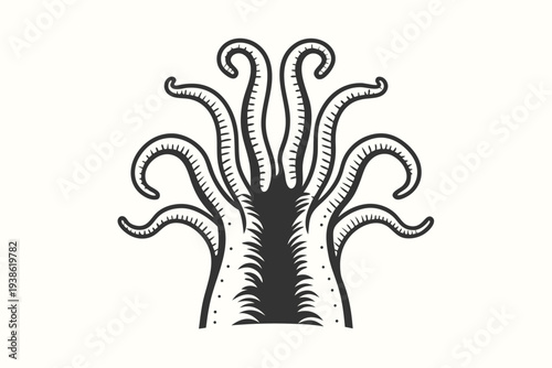 Menacing Alien Tentacle Monster Silhouette in Black and White Illustration