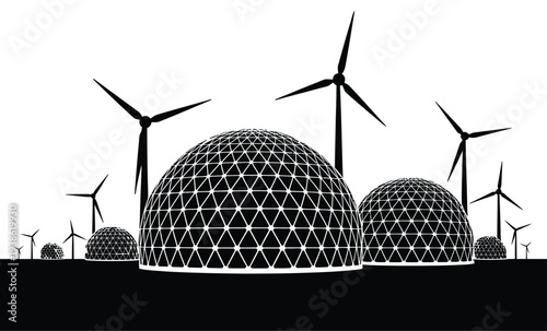 Futuristic Geodesic Domes With Solar Panels And Wind Turbines, Renewable Energy And Sustainable Technology Concept. Pure Black And White Silhouette Illustration Of Eco Friendly Architecture, Clean Pow