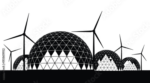 Futuristic Geodesic Dome Structures With Solar Panels And Wind Turbines, Sustainable Energy Innovation Concept. Pure Black And White Silhouette Illustration Of Eco Technology Architecture, Renewable