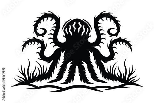 Alien Tentacle Monster Silhouette Illustration on a Clean White Background