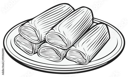 Hand drawn illustration of tamales on a plate in black and white