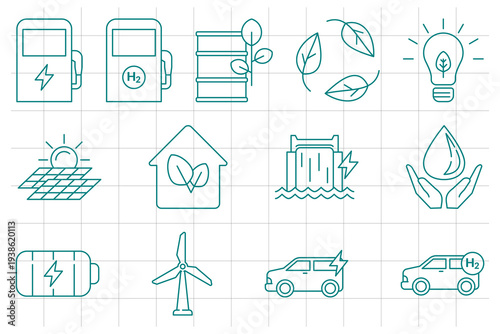 Sustainable Renewable Energy and Eco Green Technology Icon Set. Line icons of solar power, wind turbines, EV charging, and hydrogen fuel for green industry