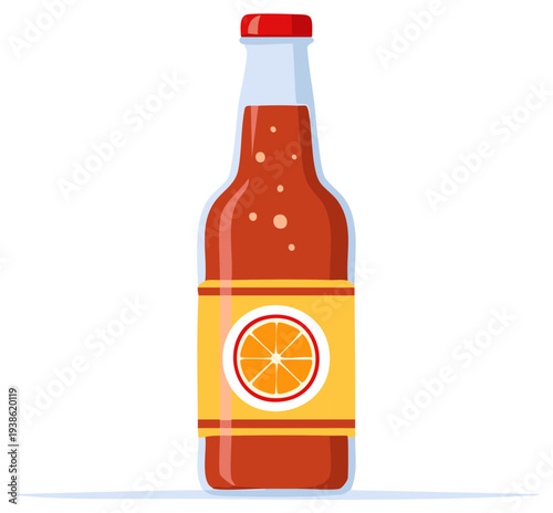 Glass bottle of fizzy orange soda with a fruit label vector illustration