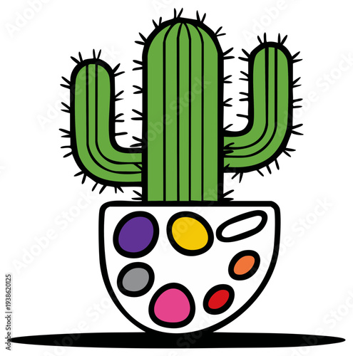 Stylized Green Cactus in White Pot with Colorful Stones Design Illustration