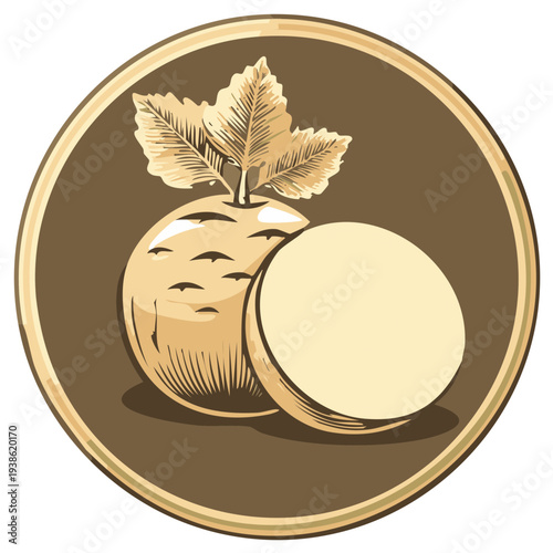 Celery Root Illustration in a Gold Circular Frame