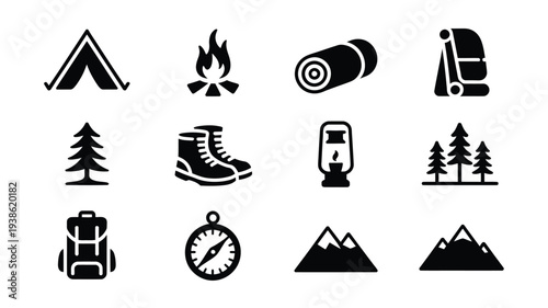 Minimalist vector illustration showcasing camping icons including tent fire sleeping bag backpack hiking boot compass and mountain silhouettes on a white background
