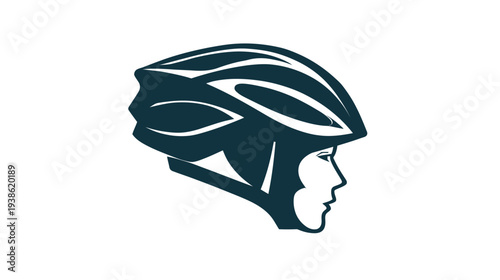 A stylized profile of a person wearing a helmet, designed in dark teal against a white background