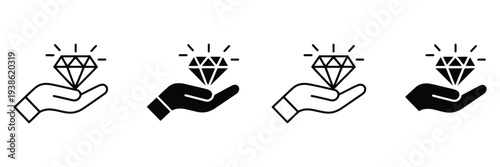 hand holding diamond icon set, protection and insurance symbol, luxury investment vector, outline and solid diamond icons, wealth security illustration, valuable asset graphic, financial protection ic