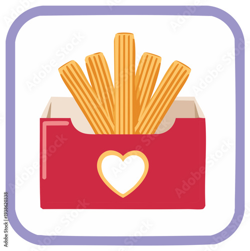 Icon of sweet churros in a red take out box with a heart symbol for a sweet dessert or snack