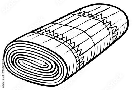 Rolled picnic blanket illustration in black and white, perfect for outdoor leisure and activity planning or design asset.