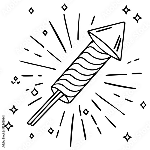 Line art drawing of a firework rocket exploding with radiating lines and stars