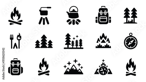 Camping equipment silhouettes collection outdoor adventure icons set hiking and travel symbols
