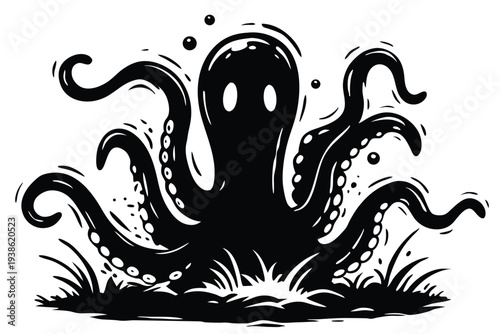 Alien Tentacle Monster Silhouette - Simple Vector Art on Black