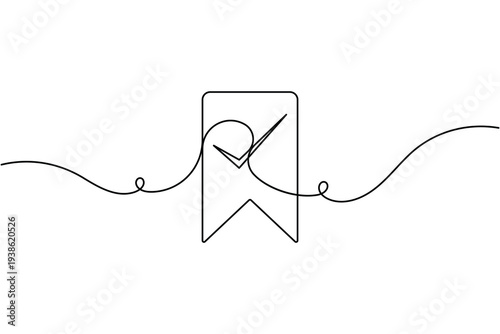 Approval bookmark with checkmark sign icon continuous one line art drawing on white background minimal tick mark saved symbol outline vector illustration