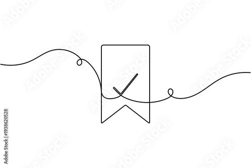 Approval bookmark with checkmark sign icon continuous one line art drawing on white background minimal tick mark saved symbol outline vector illustration