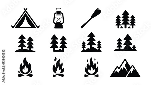 Minimalist wilderness icons set including tent campfire trees mountains and outdoor gear on white background for adventure and travel design