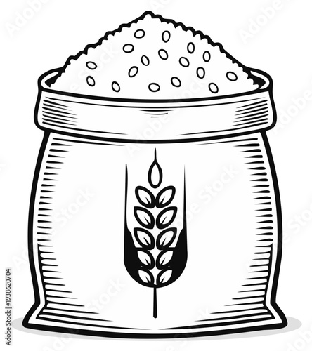 Vector illustration of a sack filled with grain and a wheat stalk emblem