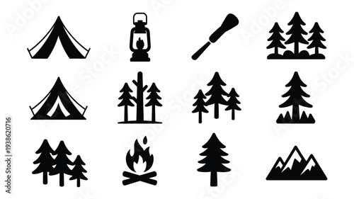 Camping icons set tents lantern axe trees campfire and mountains in black silhouette