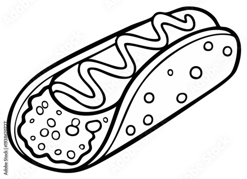 Simple Line Drawing of a Hot Dog with Condiments in a Bun