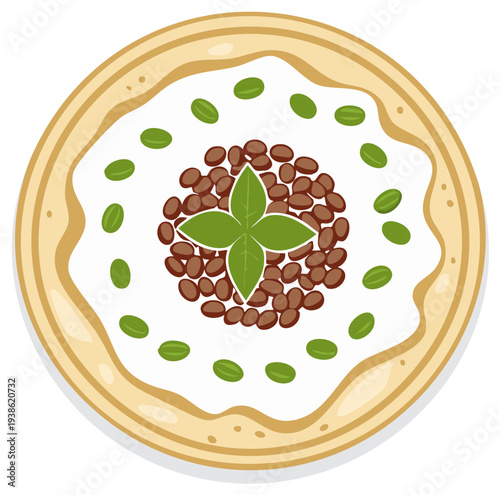 Delightful Creamy Pizza Topped with Coffee Beans and Fresh Basil Leaves, Green Olives, a Culinary Treat