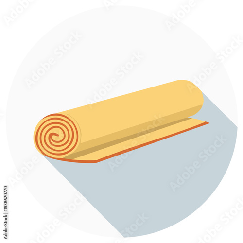 Flat design illustration of an orange yoga mat on a white and blue background circle