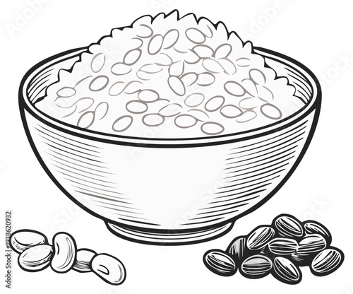 Bowl of uncooked rice with soybeans and scattered beans, black and white illustration