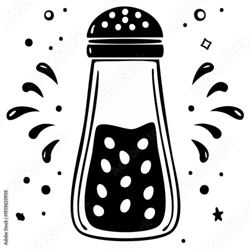 Salt shaker simple black and white illustration with grains and seasoning concept