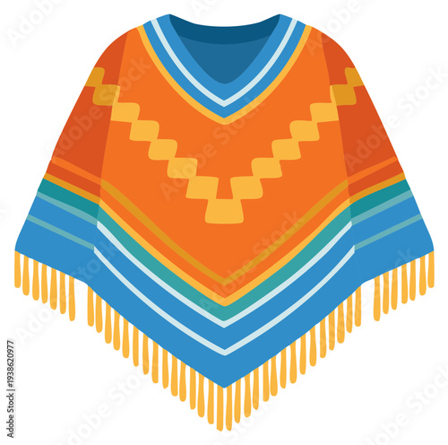 Colorful traditional poncho illustration with geometric patterns and fringe