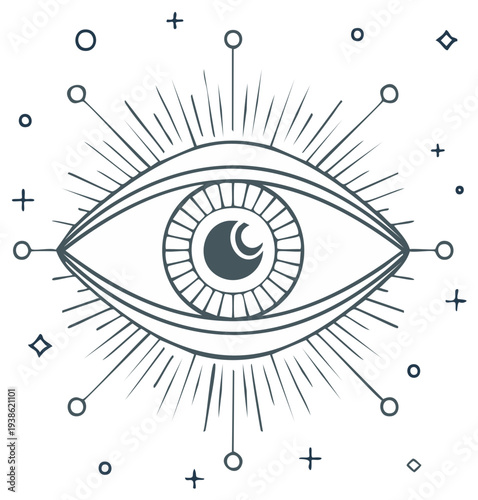 Mystic Eye Symbol with Moon in Iris Emanating Radiance Line Art Icon