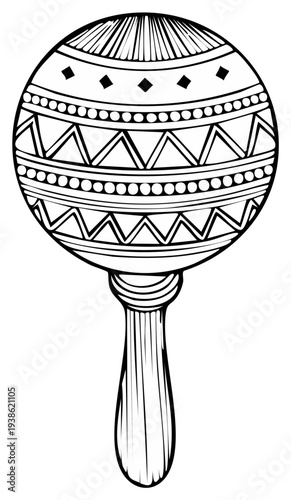 Mexican maraca musical instrument, hand drawn illustration, black and white