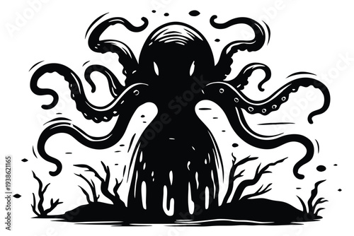 Eerie Alien Monster Tentacle Silhouette, Dark Sci-Fi Design